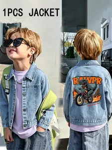 Boys' Denim Jacket Spring Summer Style, Western Cowboy Boot Pattern Printing Design, Versatile Denim Top, Trendy Kids Outerwear