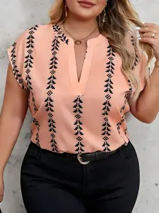 Women's Geometric Print Batwing Sleeve Top, Vintage Ethnic Style V-Neck Blouse, Plus Size Fashionable Women's Clothing