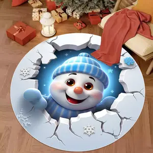 Cartoon Snowman Pattern Round Carpet, 1 Count Non-slip Soft Plush Rug, Fluffy Rug, Decorative Floor Mat for Home Living Room Bedroom Study Room