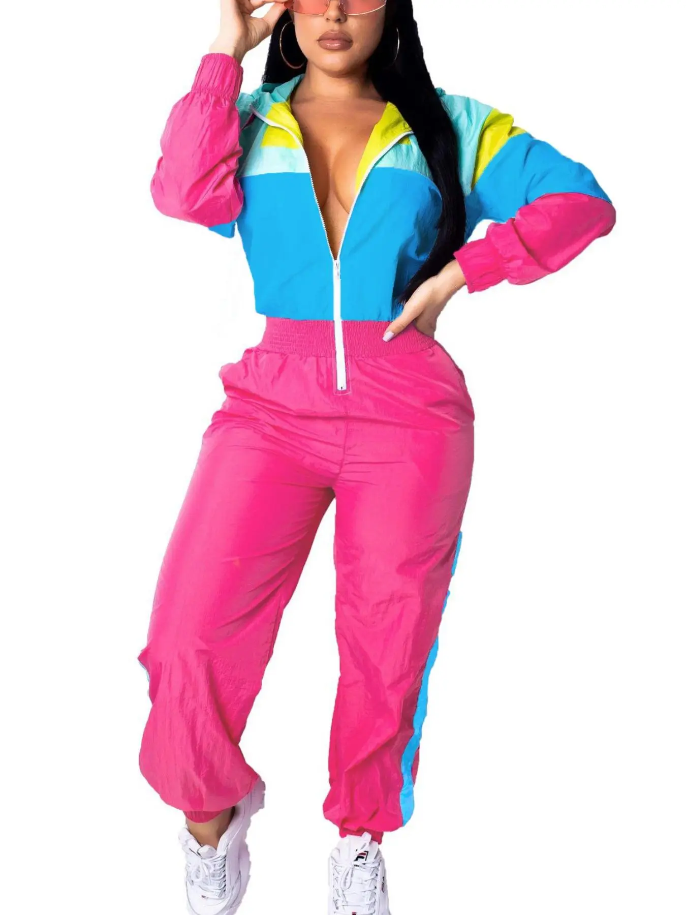 Women's Colorblock Zip Up Jumpsuit, Casual Fashion Comfy Jumpsuit for Daily Outdoor Wear, Ladies Clothes for Spring, Womenswear