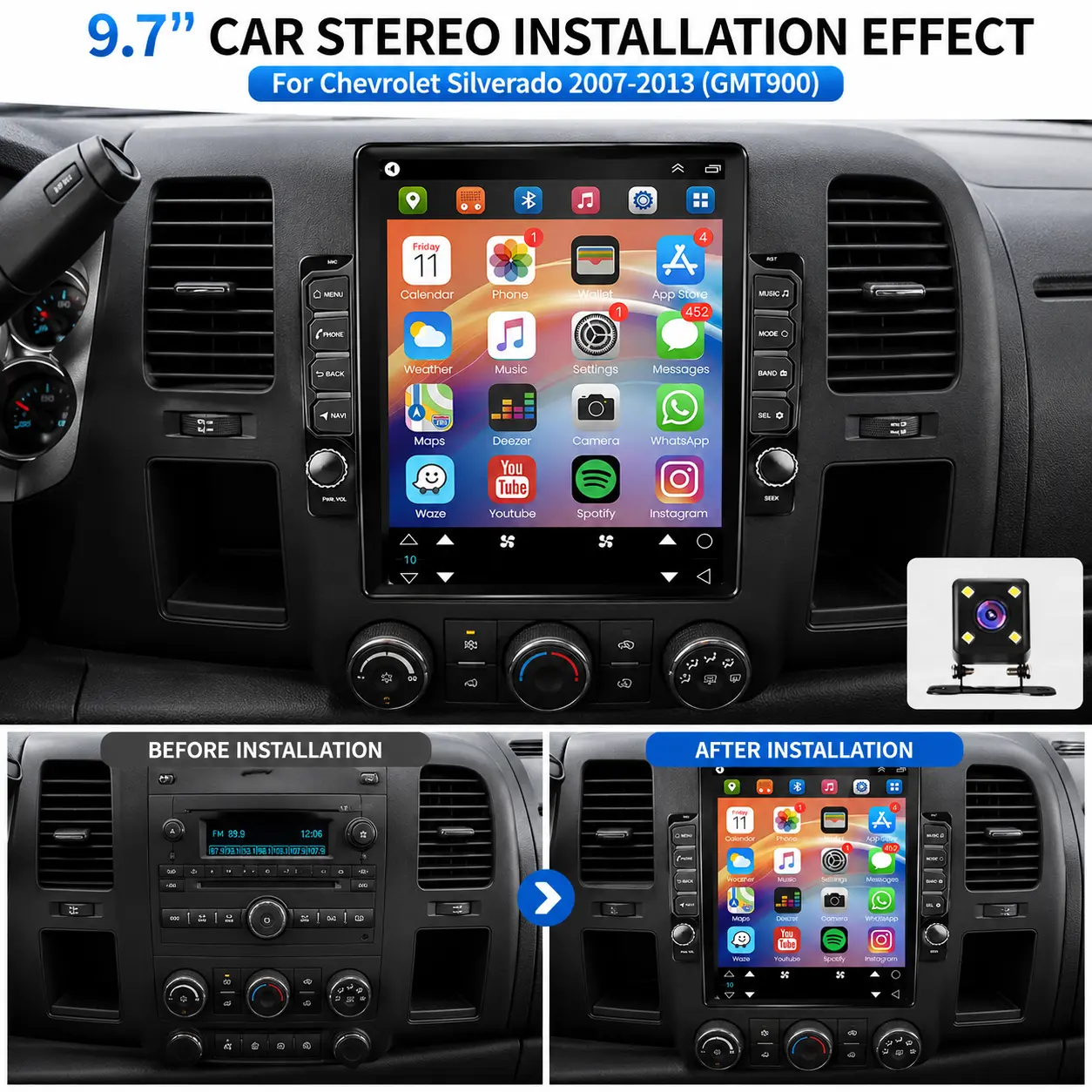 Double Din 9.7" Screen Car Stereo for Chevy Silverado, Chevy Models & GMC Sierra 2007-2018, Wireless CarPlay, Wireless Sync Android Auto, GPS Navigation, 2GB+32GB Touchscreen with Backup Camera