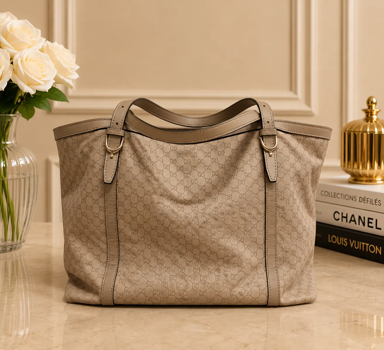 Pre-owned GUCCI Canvas Bucket Elegant Tan Tote Bag with Classic Monogram Pattern and Durable Leather Straps for Everyday Use