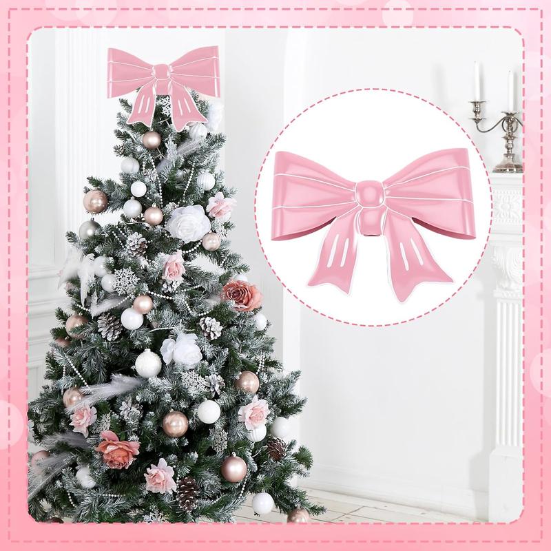 Pink Bow Christmas Tree Topper Metal Bow Tree Topper 13.4 x 9.4 Inch Coquette Pink Christmas Ornament for Xmas Party Table Home Decorations