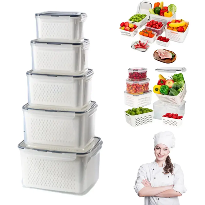 5Pcs Fridge Storage Containers, Leak-Proof Food Storage Boxes With Removable And Washable Baskets, Fruit Storage Boxes, Transparent Plastic Fridge Storage Set, Suitable For Fridge, Freezer And Cupboard, Keeping Food Fresher.