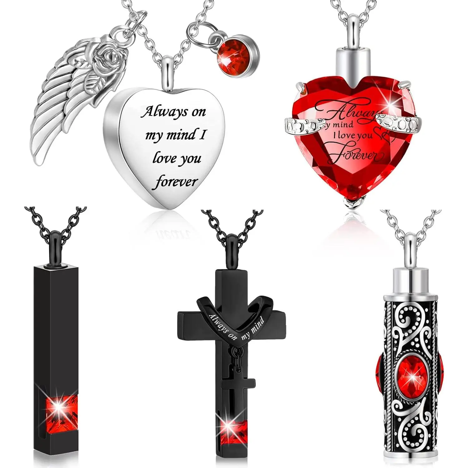 5-Piece Assorted Styles Stainless Steel Urn Necklaces for Ashes - Heart, Cross, Cubic Zirconia Memorial Lockets, Cremation Keepsake Jewelry for Women