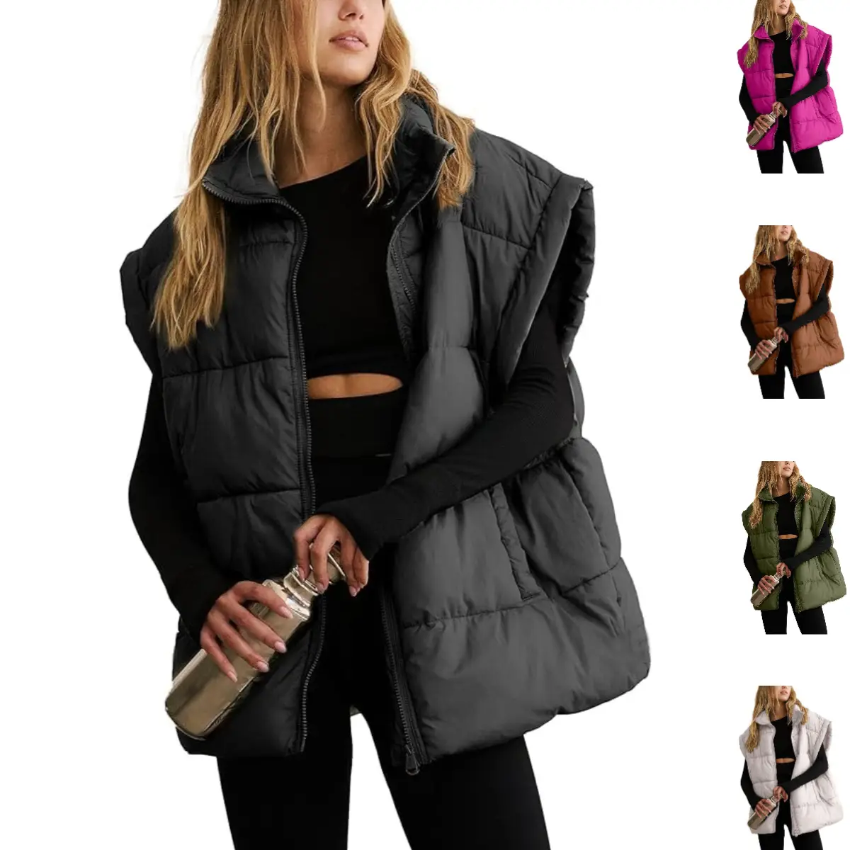 Tanming Women's Winter Oversized Puffer Vest Lightweight Stand Collar Flysleeve Insulated Padded Puffy Jackets Coat with Pockets Outerwear Casual Zipp