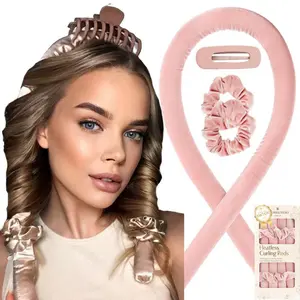 Satin Heatless Curls,hair curler,overnight curl heatless hair ，curler Heatless Sleeping Hair Care Set， easy hair Haircare H1-Blush Pink Silk Flexi Rods