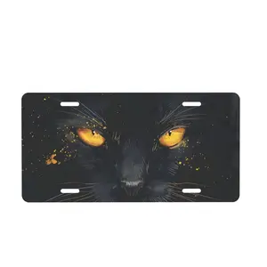 Cat Face Black Animal License Plate - Funny Feline Vanity Tag - Heavy Duty Aluminum Metal Front Plate - 6x12 Novelty Decor for Men & Women