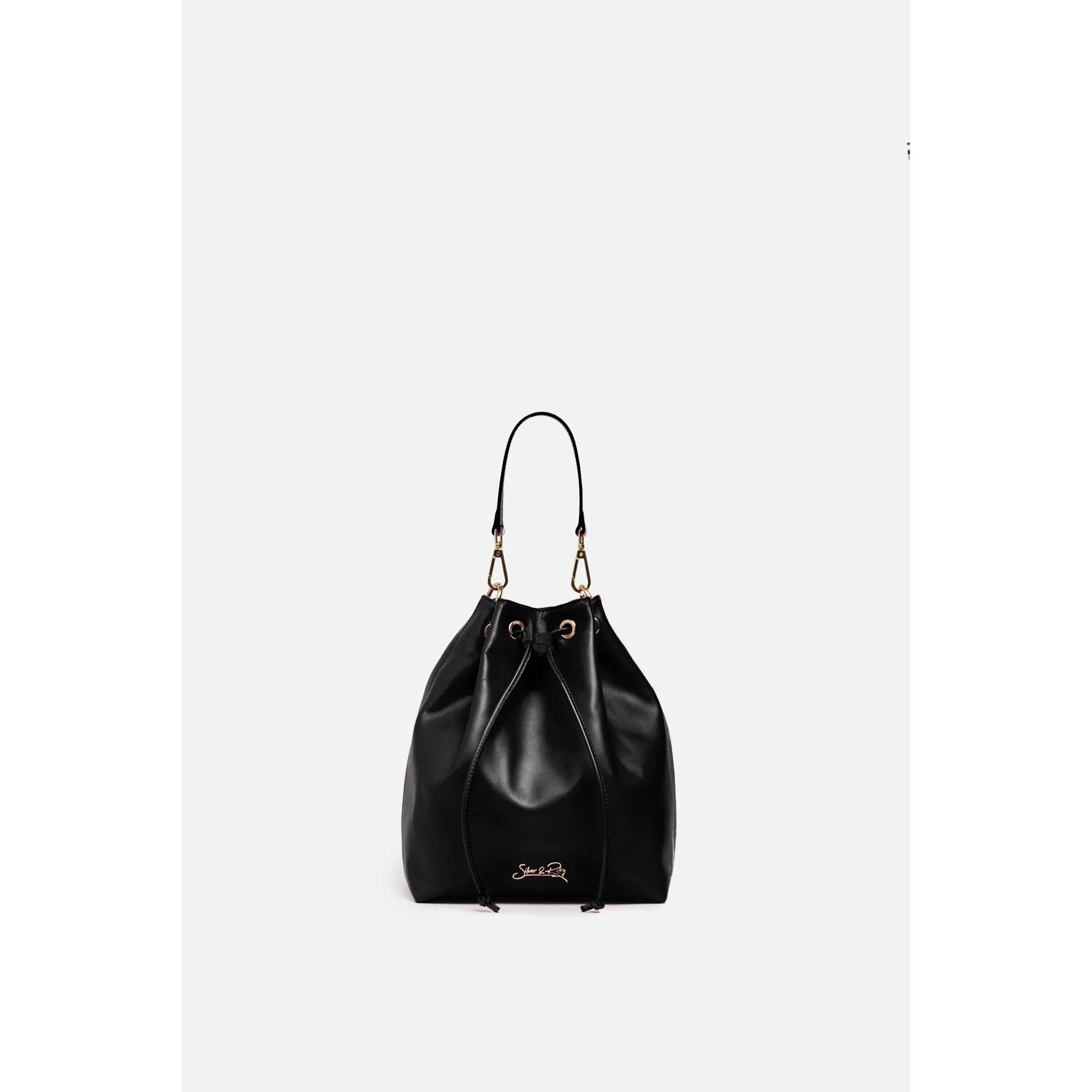 Madison Drawstring Leather Bucket Bag in Black