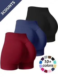 Women's Three-Piece Fitness Shorts Set, Seamless Elastic High-Waisted Yoga Shorts, Tummy Control, Suitable for Gym and Casual Wear