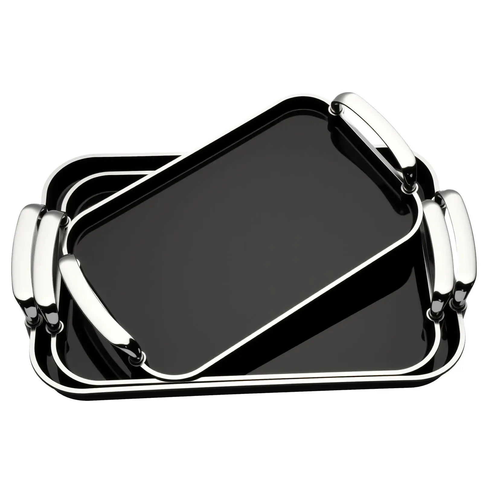 3 Pack Serving Tray with Handles, Stackable Reusable Trays for Serving Food, Plastic Serving Platters for Party, Charcuterie, Fruit, Appetizer, Black Silver