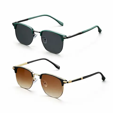 Men's 2-Pair Cool Vintage Trendy Sunglasses - Retro Metal-Frame, Male Fit, Classic Half-Ring Design, Gradient Lenses, Durable Casual Shades with Retro Vibe & Modern Edge for Driving