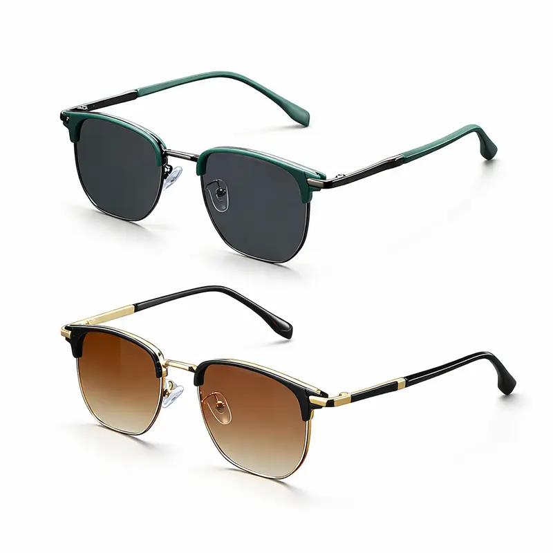 Men's 2-Pair Cool Vintage Trendy Sunglasses - Retro Metal-Frame, Male Fit, Classic Half-Ring Design, Gradient Lenses, Durable Casual Shades with Retro Vibe & Modern Edge for Driving