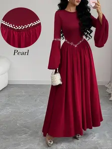 Elegant Women's Long Sleeve Bell Sleeve Maxi Dress, Pearl Round Neck Waist Cinching Flared Hem, Stylish and Slimming Fashion, Long Sleeve Dresses