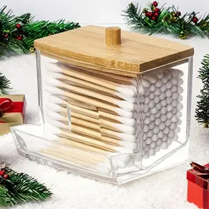 Department Store Tools A Set of Three Swab Boxes with Bamboo Lids, Featuring Transparent Acrylic Containers for Balls, Makeup Pads, And Dental Floss Sticks - a Multifunctional Bathroom Organizer, Essential Home Organization, Flip