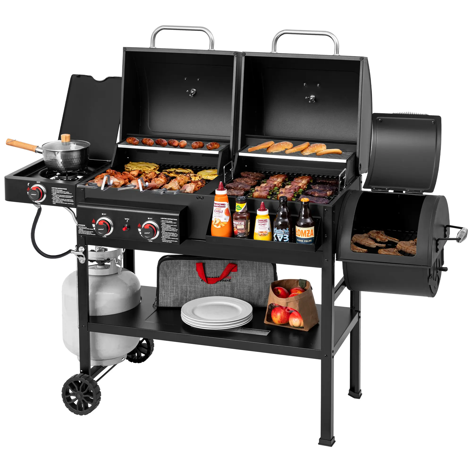 Royal Gourmet ZH3005Y 4-in-1 Gas & Charcoal Combo Grilling Set with Offset Smoker, Side Burner, Bottle Opener, 34000 BTU Dual Fuel BBQ Grill, 1020 Sq. In. Cooking Area for Outdoor Cooking, Smoking Meats, Garden Party, Black Freestanding Gas Barbecue