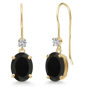 Gem Stone King 14K Yellow Gold Black Onyx and Lab Grown Diamond Earrings for Women | 4.13 Cttw | Gemstone December Birthstone | Oval 9X7MM