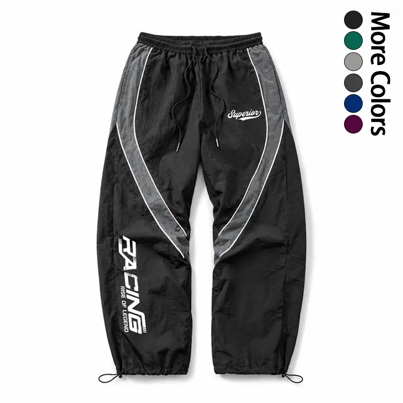 Men’s vintage racing-style windproof jacket-style pants with racing print, color-block design, drawstring waist, and relaxed wide legs; casual streetwear athletic pants