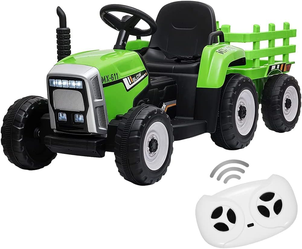 12V Ride on Tractor with Trailer & Remote Control,Speed Up to 5mph, Toddler Electric Vehicle Car with LED Headlights,2+1 Gear Shift,MP3 Player,USB for
