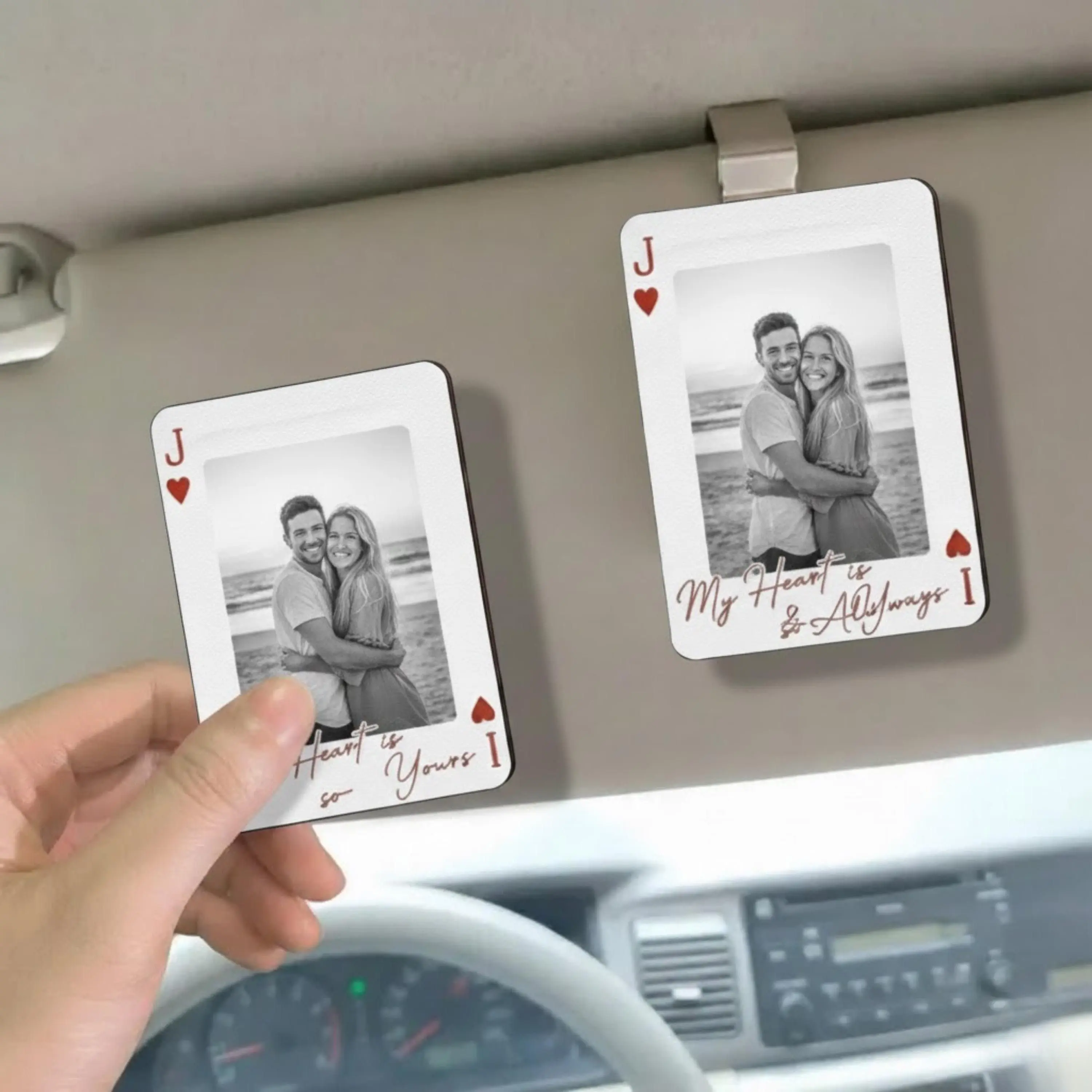 Custom Playing Card Photo Sun Visor, Anniversary Couple Visor Clip, Drive Safe I Love You Car Decor