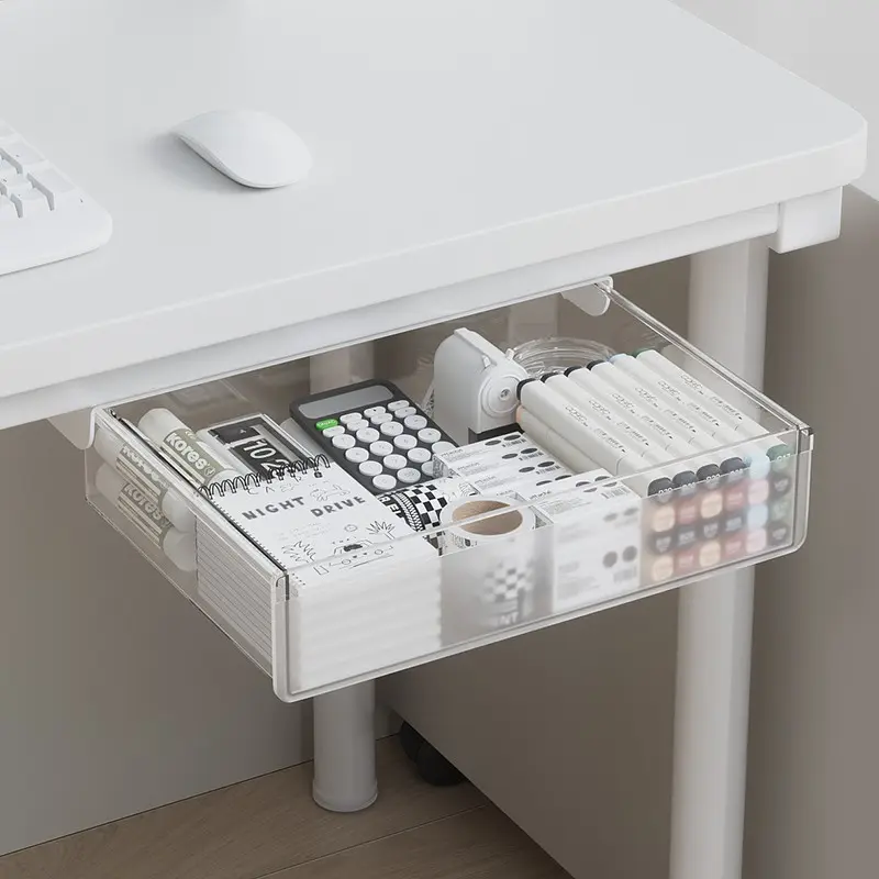 Desk Under Storage Box Self-Adhesive Drawer Organizer for Home Office Desk, Office Accessories, Desk Accessory, Office Supplies Organizer, Clear Organizer, Hidden Storage Solution, Easy Installation, Space-Saving Design