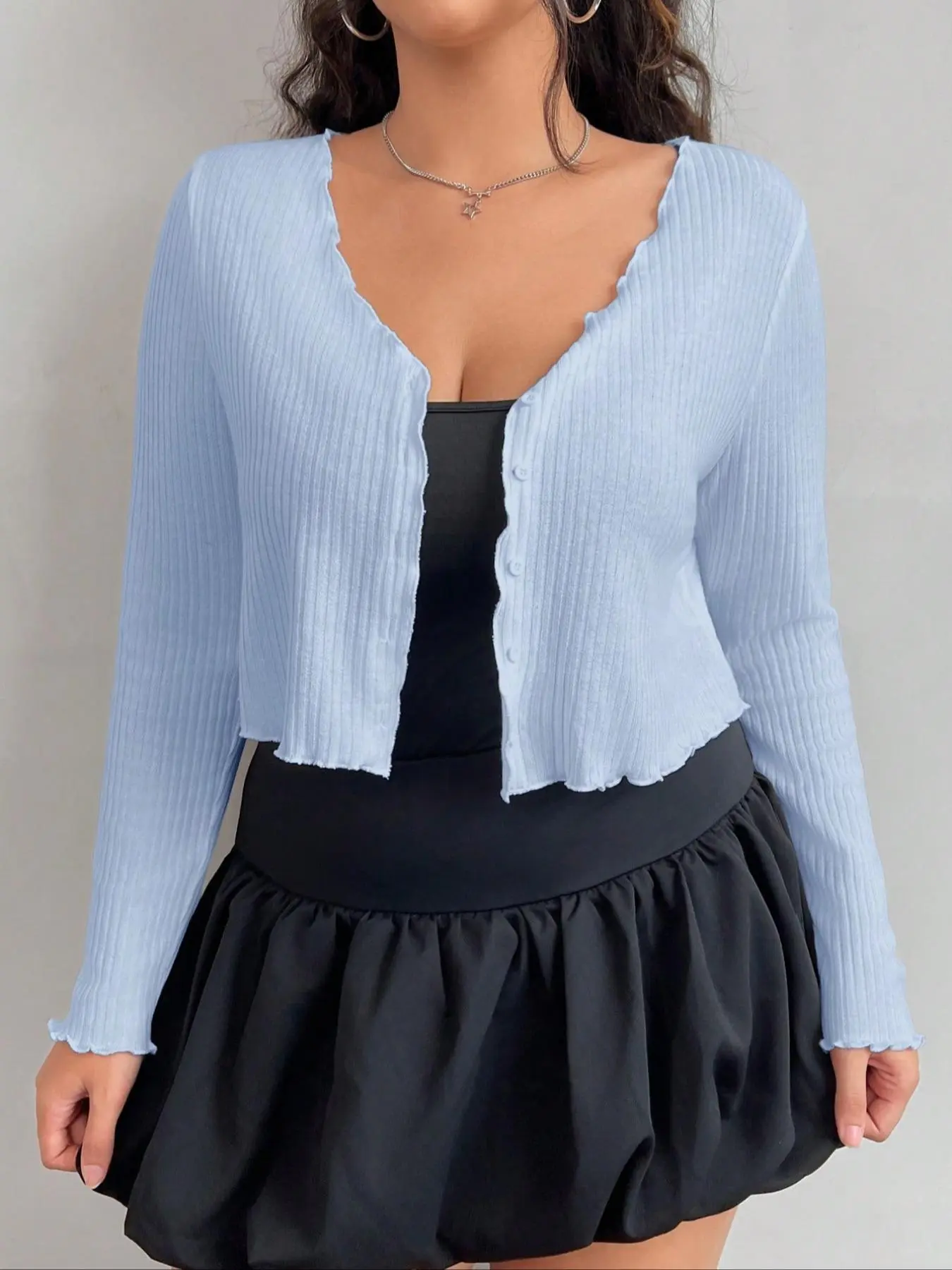 【Plus Size】 Solid Color Open Front Crop Jacket, Casual Long Sleeve Curved Hem Outerwear for Daily Wear, Women's Plus Clothing for Spring & Fall, Coats, Fashion Fitted Outerwear, Casual Fashionable Outerwear, Open Front Outwear