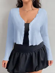 【Plus Size】 Solid Color Open Front Crop Jacket, Casual Long Sleeve Curved Hem Outerwear for Daily Wear, Women's Plus Clothing for Spring & Fall, Coats, Open Front Outwear