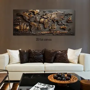 1PCS Vintage Embossed World Map Frameless Canvas Wall Art Nautical Theme Relief Painting for Living Room Study Office Modern Home Decor WALL ART