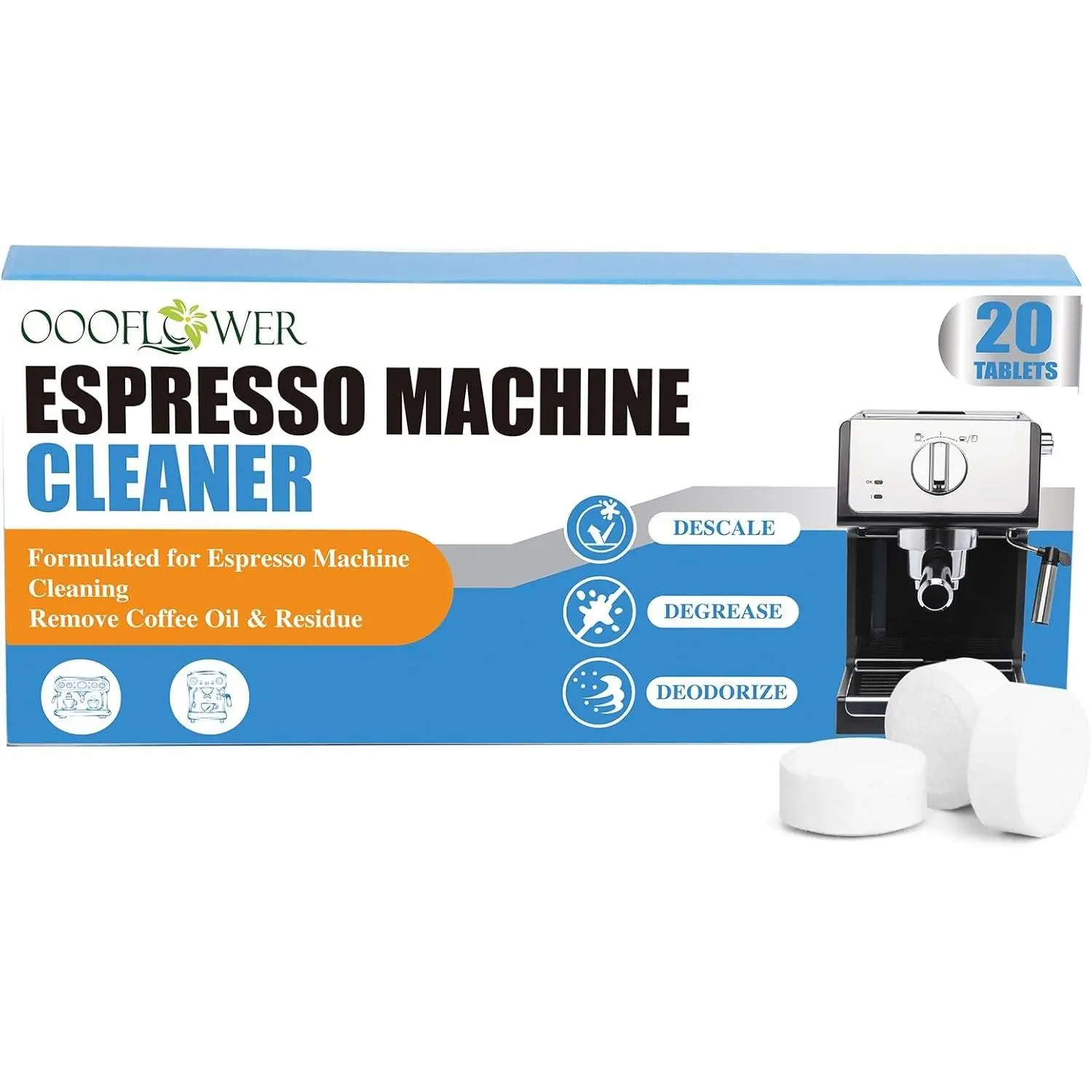 Coffee Machine Cleaning Tablets-20 Count Descaling, Backflush Oil, Limescale & Mineral Deposits Remover Tabs for Espresso Machine, Multi Cup, Pod, Single Serve