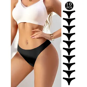 Women's 10Pcs Black Solid Color Thong Underwear Soft Comfortable Breathable Seamless for Daily Wear All Seasons Panty