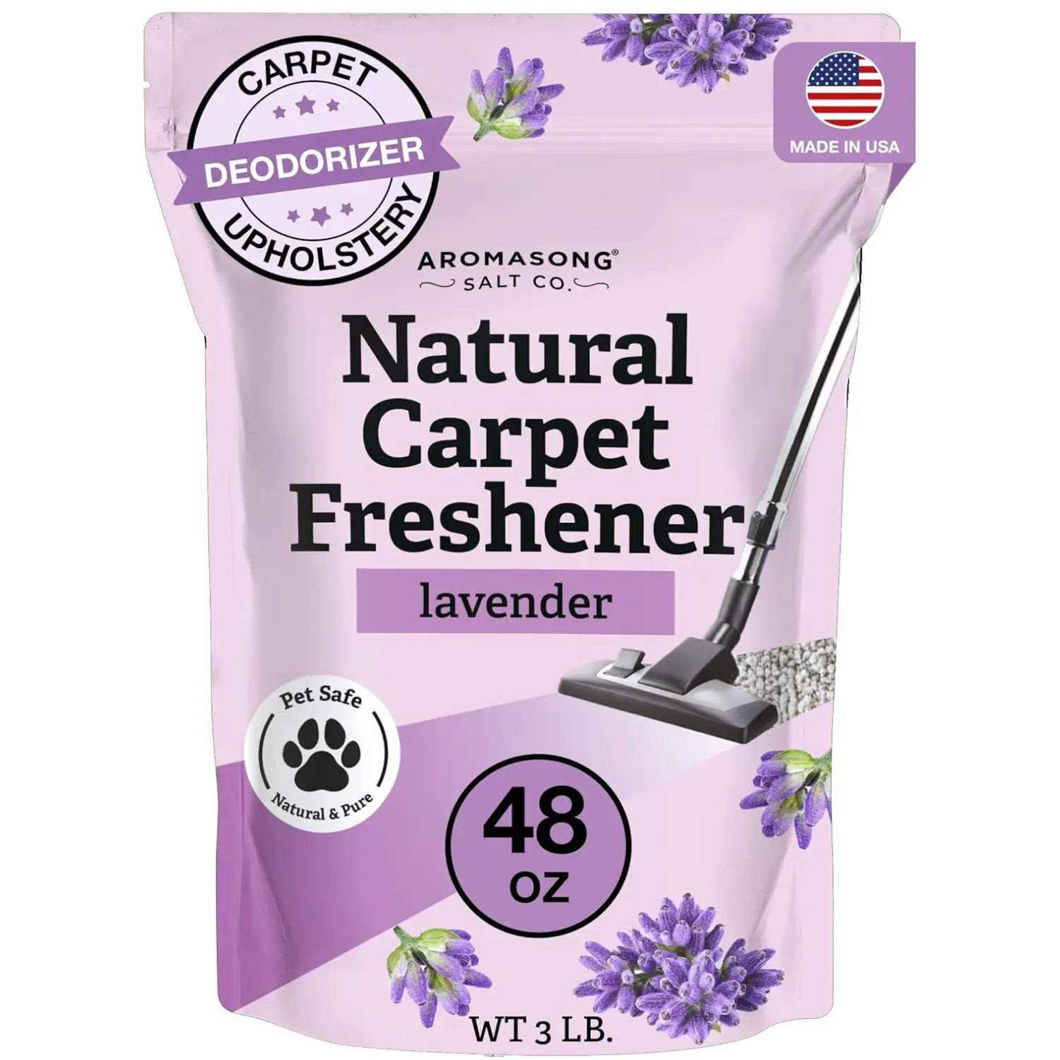 AROMASONG Natural Household Carpet Freshener & Deodorizer - Lavender Scent, 3 Lbs (48oz), Pet-Safe Powder, 24-Month Shelf Life, Made in USA, Home Supplies, Odour Control for Large Areas