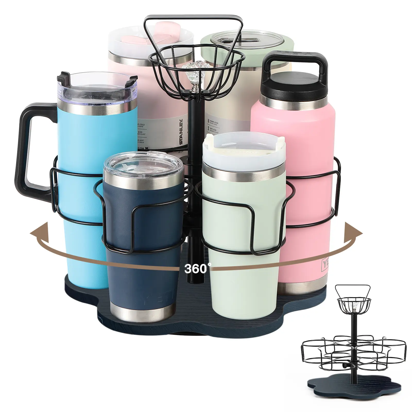 Water Bottle Organizer for Stanley&Yeti, Rotating Stanley Cup Organizer Holder with 6 Slots for 20-40oz, Tumbler Holder Organizer, Stanley Cup Accessories (Black)