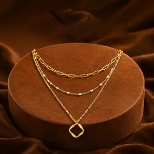 Minimalist Stackable Gold Plated Layered Necklace with Twisted Circle Pendant Paperclip Chain Choker for Women Dainty Three Layer Necklaces Everyday Jewelry Gift