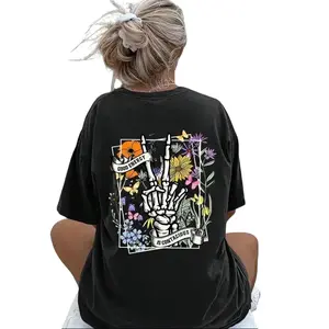 Women's Letter & Skull Print Drop Shoulder Tee, Back To School Outfits, Casual Round Neck Half Sleeve T-Shirt for Daily Vacation Outdoor, Ladies Summer Clothes, Halloween