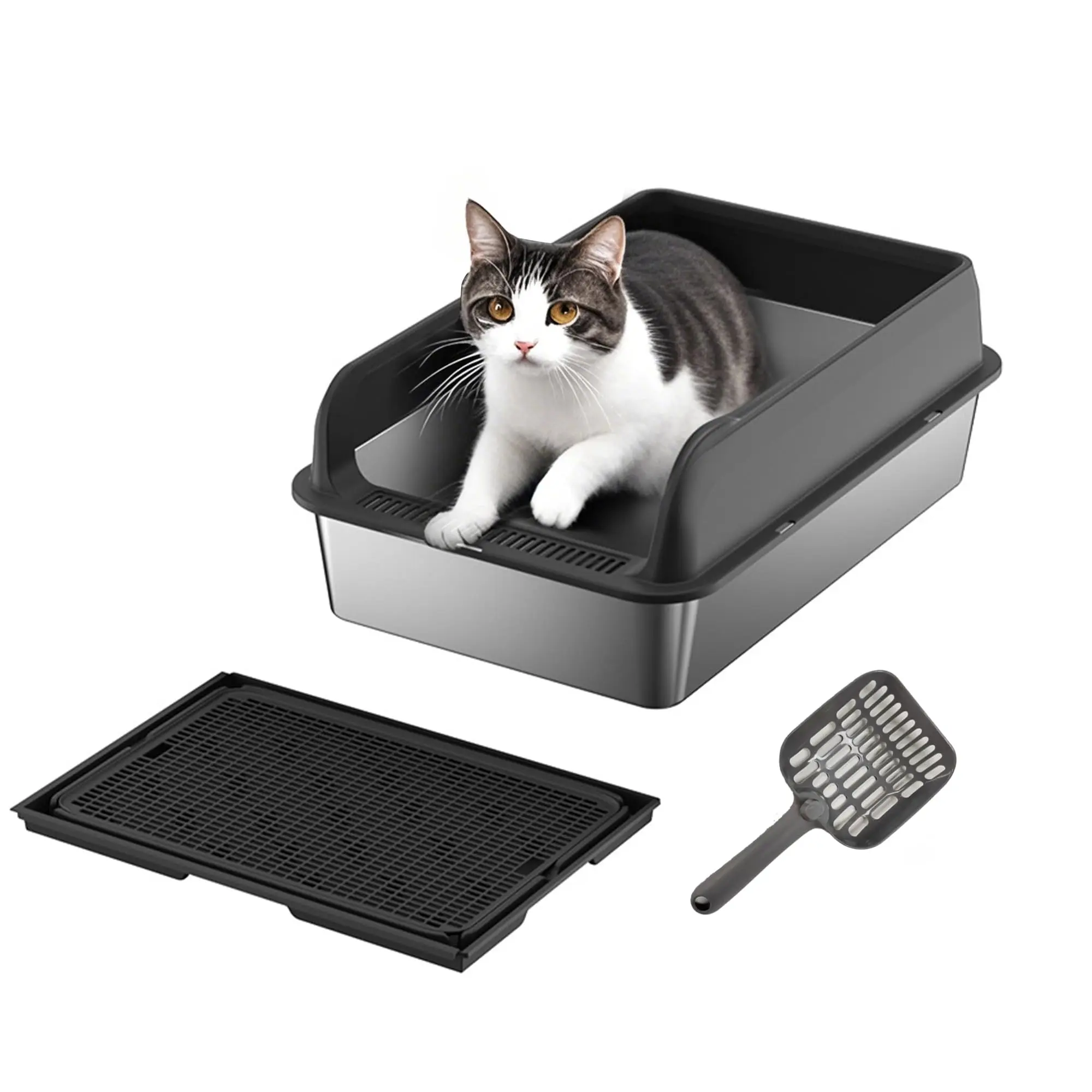 High-quality XL Stainless Steel Cat Litter Box with Lid – 8'' Deep Covered Enclosure, Leak-Proof, Non-Stick, Easy to Clean, Anti-Splash Design, Includes Mat & Scoop – Large Covered Cat Toilet for Cats & Kittens, Stainless Steel Litter Box, Set