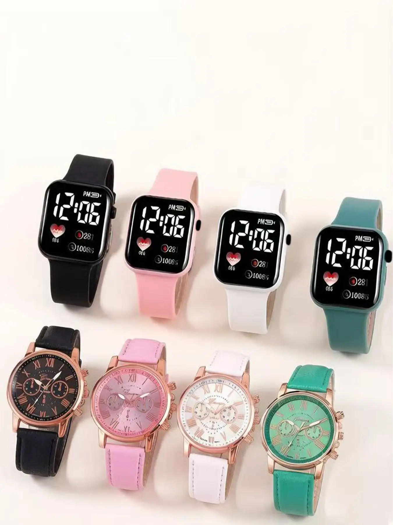 8PCS PU Leather Multi-Color Ultra-Thin Round Quartz Wristwatch with LED Display, Perfect Summer Casual Gift for Girls, Back to School Selection