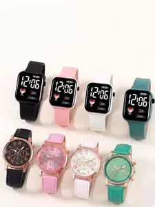 8PCS PU Leather Multi-Color Ultra-Thin Round Quartz Wristwatch with LED Display, Perfect Summer Casual Gift for Girls, Back to School Selection
