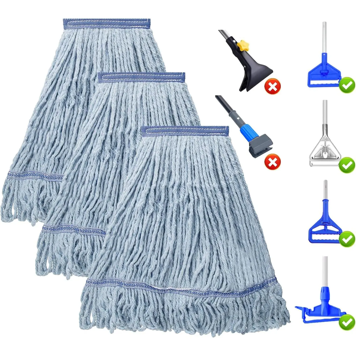 3 Pack Heavy Duty Commercial Mop  Replacement,Looped End String Cotton Mop Heads,Industrial Wet Mops Refill for Floor Cleaning(Blue)