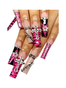 Gothic Vampire Press-On Nails ,Y2K 24pcs Glam Gothic Long Square Press On Nails Pink French Stripe Fake Nails with 3D Metal Cross, Rivet & Rhinestone Designs, Cool Girl Glossy Full Cover