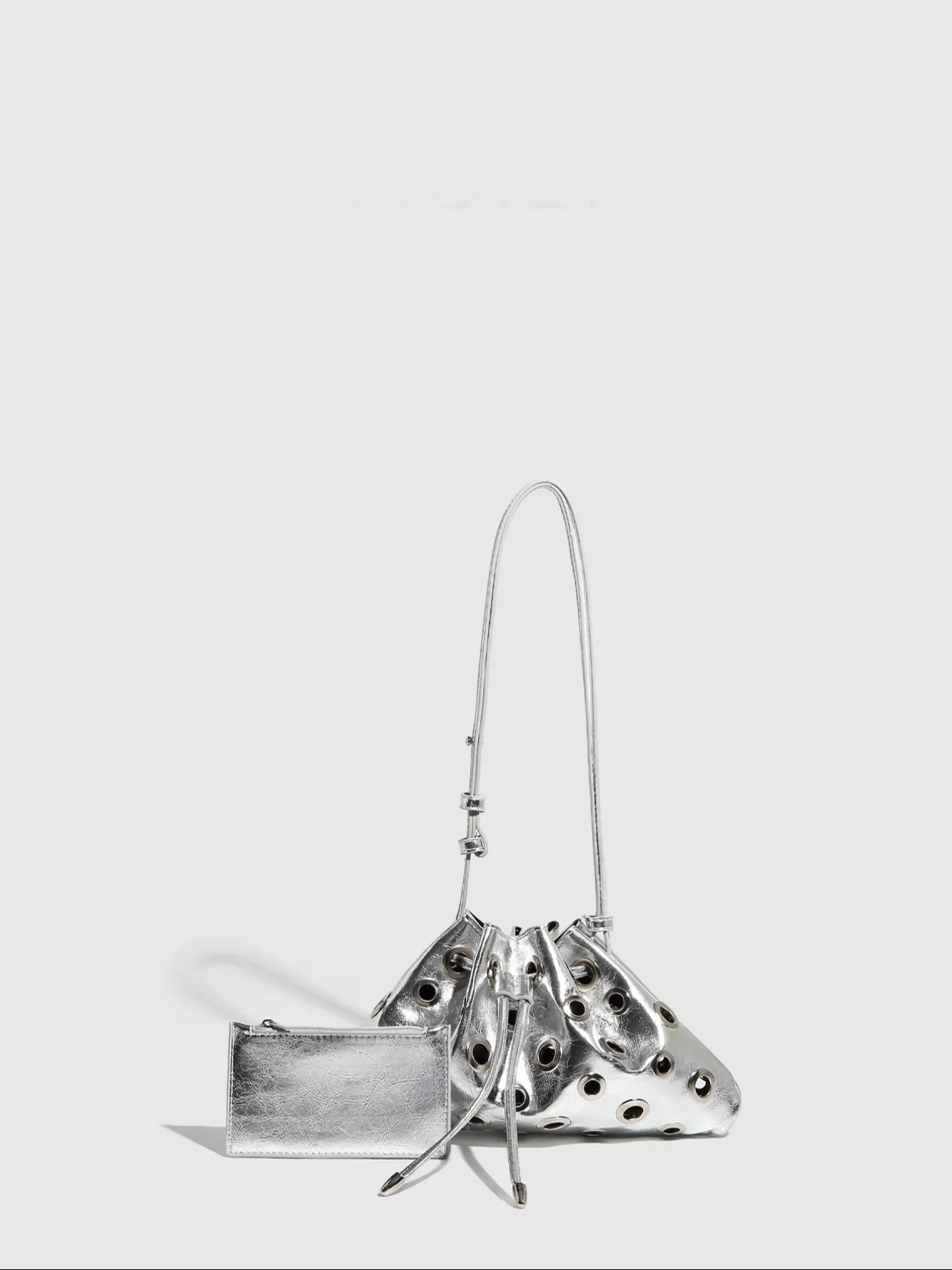 Metallic Handbag with Studs, Metallic Finish, Crossbody Shoulder Small Bag, Hollow Out Eyelet Bucket Purse for Women, Fashion Accessory for Daily Use