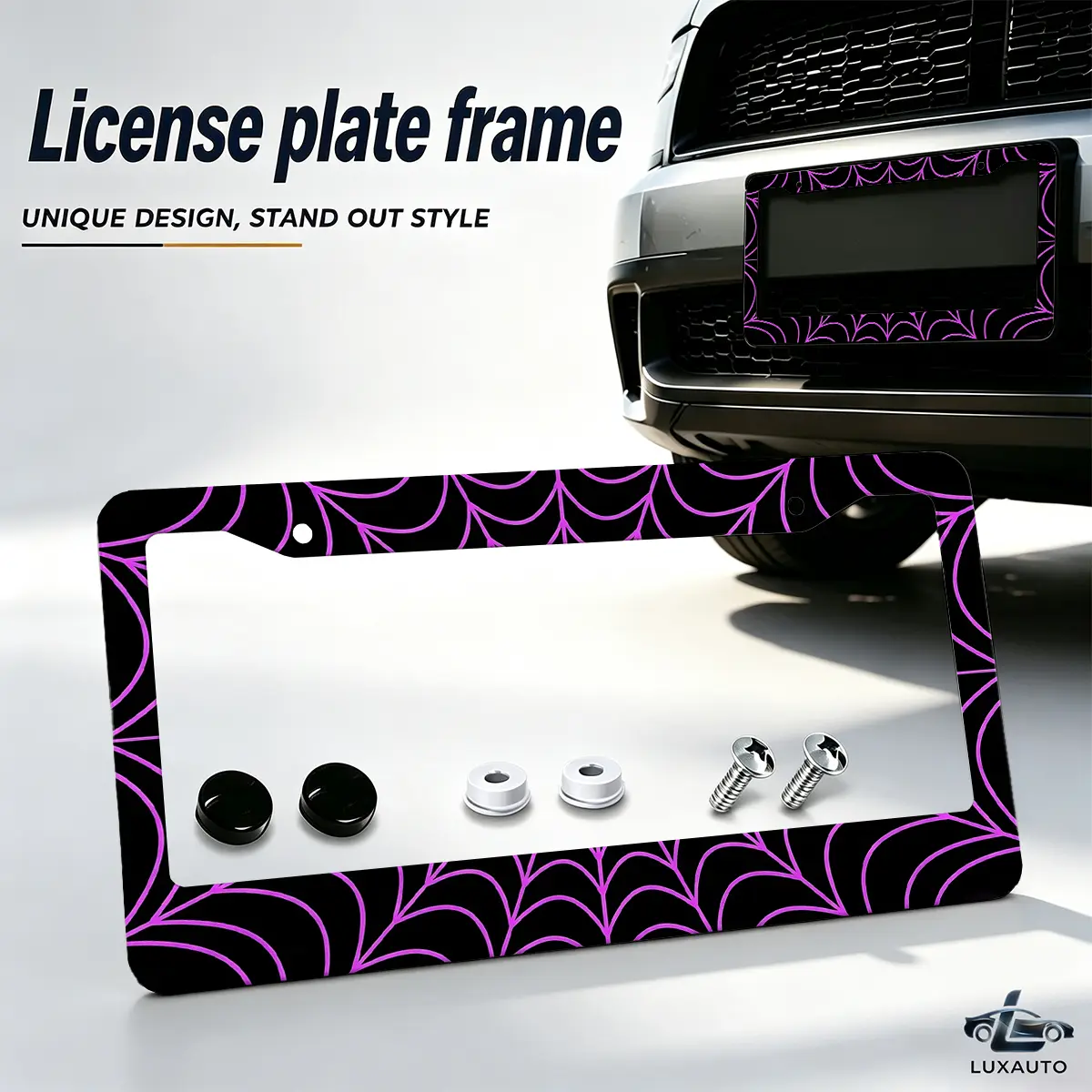 Gothic Purple & Black Spiderweb License Plate Frame, Universal 12.2 x 6.3 Inch Rust-Resistant Aluminum Auto Tag Holder with Hardware Kit, Dark Aesthetic Car Decor for Cars, Trucks & SUVs