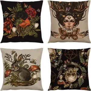 Mystery Witchy Decor Pillow Covers 18x18 Set of 4, Skull Moth Hands Dancing Magic Girl Horns Hare Mushroom Linen Pillow Cushion Cases,Home Decor for Outdoor Sofa Bedroom  Black