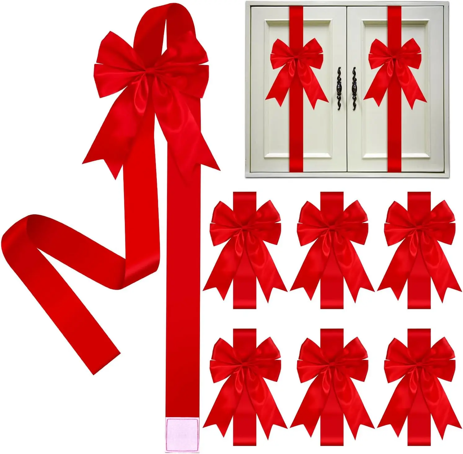 Red Christmas Cabinet Ribbons Bows for Kitchen Large Christmas Door Ribbon Cabinet Bows Locker for Gifts Xmas Furniture Party Holidays Decorations Supplies
