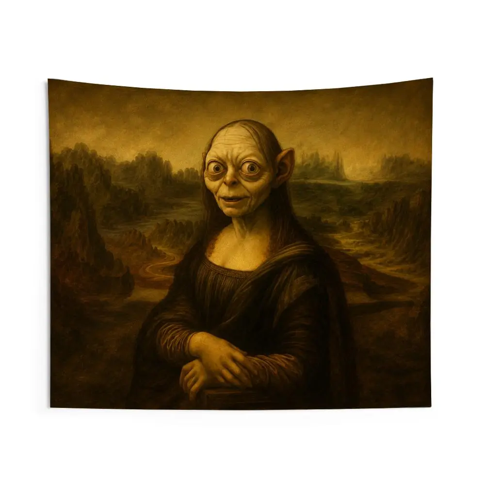 Mona Gollum Lisa Meme Tapestry – Funny Medieval LOTR Inspired Wall Art, Dark Fantasy Aesthetic Room Decor