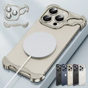Metal Frameless Corner Pads & Lens Protector for iPhone 17 16 15 14 13 Pro Max Case, Minimalist Aluminum Metal Luxury Corner Edge Pad, Shockproof Case, Bezel Less Ultra Thin Magnetic for iPhone 17 ProMax 16 15 14 13, Phonecase Smartphone Accessories