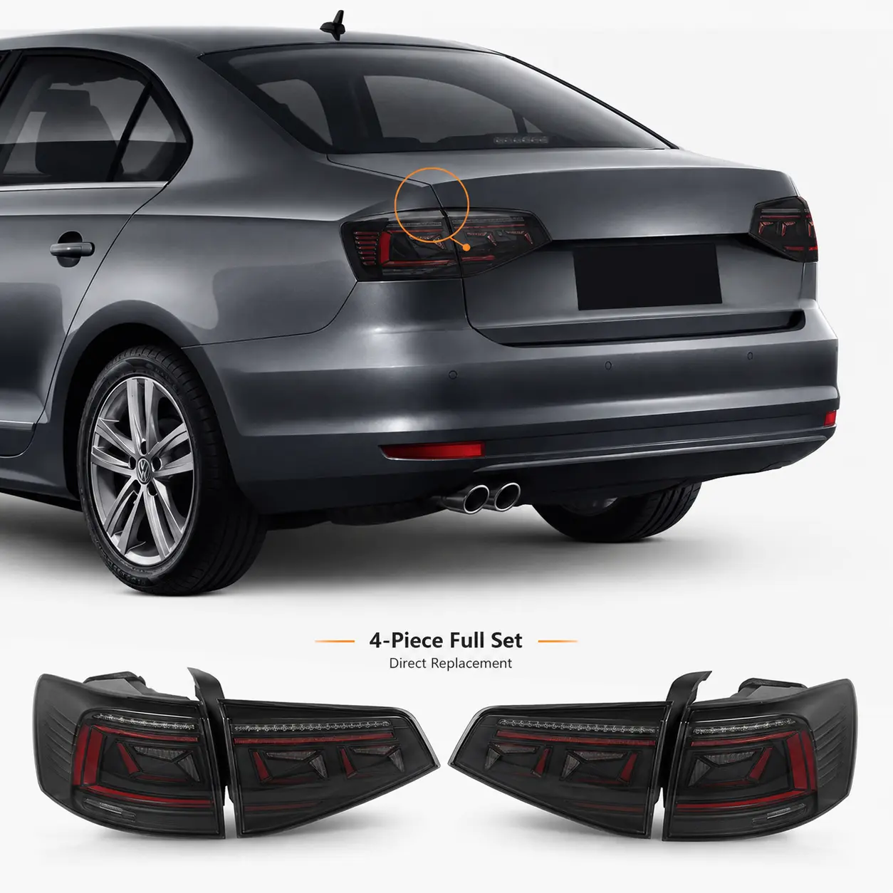 Smoked Sequenced LEDs Tail Lights with Start-Up Animation for Volkswagen Jetta MK6 Sedan 2015-2018, Direct Replacement Left-Right Rear Brake Lamp Assemblies, Start-Up Anim.