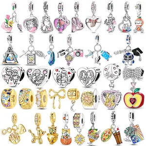 Gold Color Charms 925 Sterling Silver Pink Heart Pendant Original Owl Feather Charm DIY Jewelry Making Fit Bracelet For Women