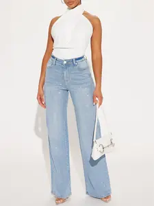 Women's Straight Leg Jeans with Rhinestone Embellishment Light Wash Premium Stretch Denim 5 Pocket High Rise 33" Inseam Comfortable Cotton Blend