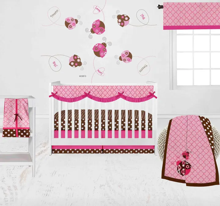 Bacati Ladybugs 6-Piece Crib Bedding Set with Long Rail Guard Cover - Pink/Chocolate - Girls