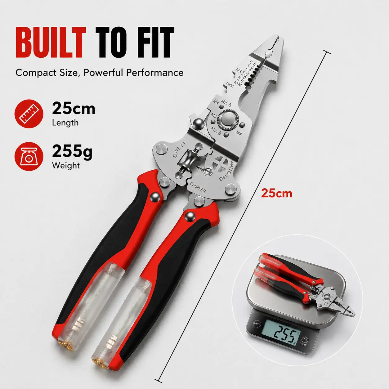 10-inch heavy-duty wire stripper, 16-in-1 folding multi-tool (with built-in voltage tester), 2 detachable test probes, cable cutter, wire twister, crimping tool, DIY tool, hardware accessory, wire stripping set.